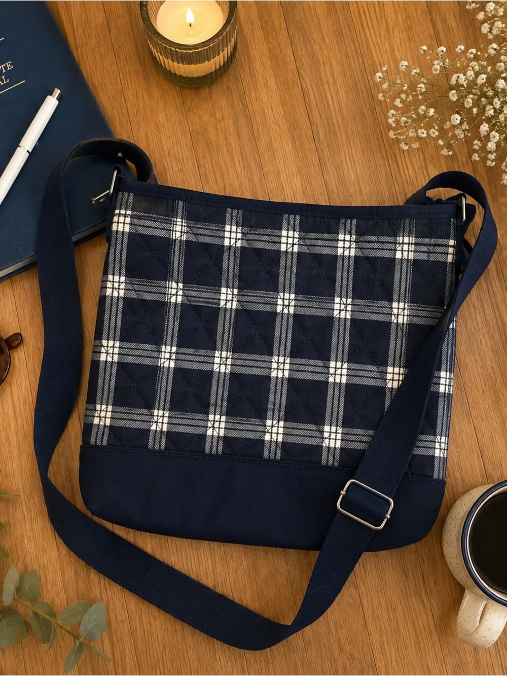 Lands’ End Navy Plaid Quilted Crossbody Bag Adjustable Strap